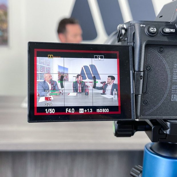 Behind the scenes filming a podcast interview