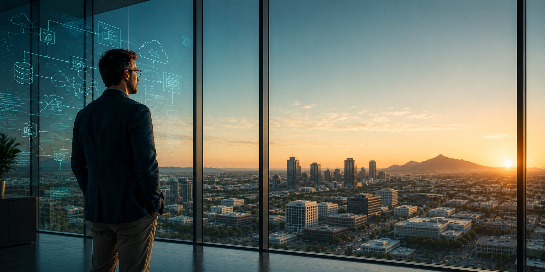 A professional looking out over a city skyline at sunset
